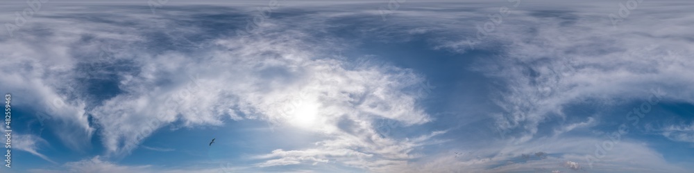 Blue sky panorama with Cirrus clouds in Seamless spherical equirectangular format. Full zenith for use in 3D graphics, game and editing aerial drone 360 degree panoramas for sky replacement. Blue sky panorama with Cirrus clouds in Seamless spherical equirectangular format. Full zenith for use in 3D graphics, game and editing aerial drone 360 degree panoramas for sky replacement.