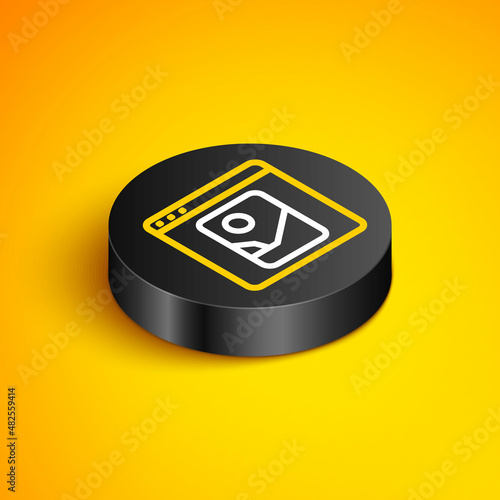 Isometric line Photo retouching icon isolated on yellow background. Photographer, photography, retouch icon. Black circle button. Vector