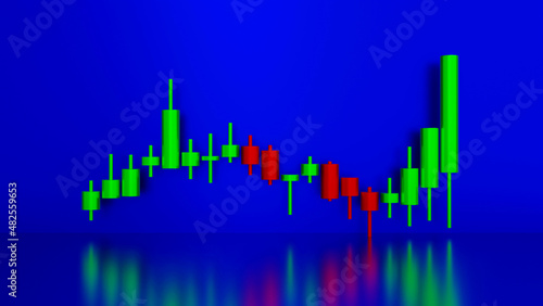Green candle stick and red candle stick graph chart, concept of investment, trend indicator for stock market, success and bullish analysis in technology, 3d render. © pookpiik