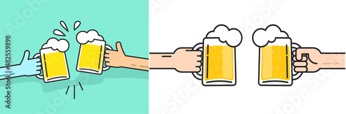 Beer mugs hands holding and toasting vector or two friends celebrating drink fest party and cheering flat cartoon line outline style illustration isolated on blue and white background