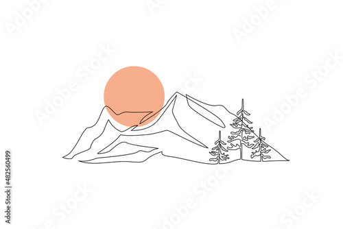 Abstract mountain range and spruce, sunrise landscape background