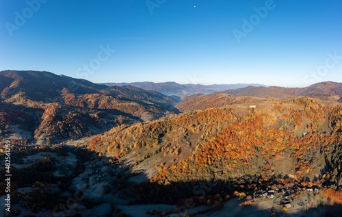 Mountain ridge with autumn yellowed trees at bright sunlight