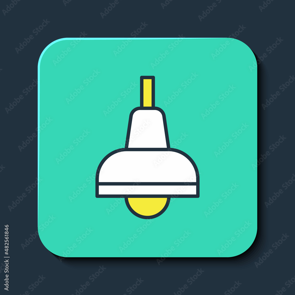 Filled outline Lamp hanging icon isolated on blue background. Ceiling lamp light bulb. Turquoise square button. Vector Filled outline Lamp hanging icon isolated on blue background. Ceiling lamp light bulb. Turquoise square button. Vector