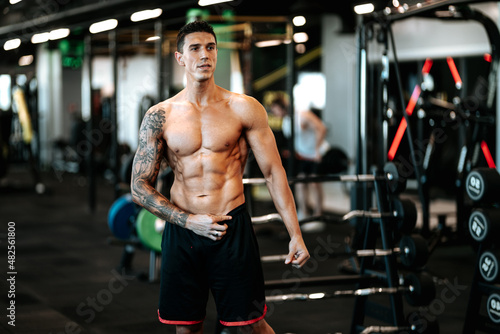 Muscular man posing perfect body at gym