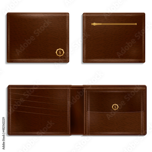 Brown leather men's wallet. Vector illustration.