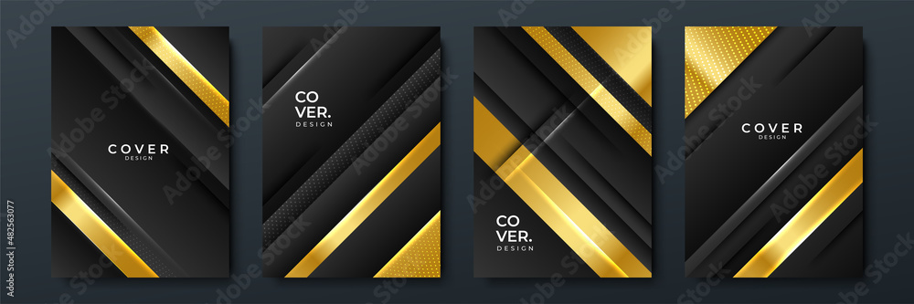 Modern luxury black and gold lines cover abstract background. Modern black stripe cover design set. Luxury creative gold dynamic diagonal wave line pattern for invitation, wedding, business card Modern luxury black and gold lines cover abstract background. Modern black stripe cover design set. Luxury creative gold dynamic diagonal wave line pattern for invitation, wedding, business card