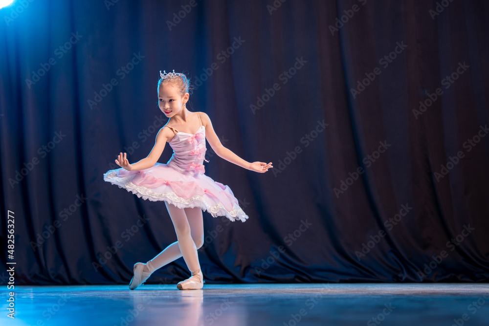 Fototapeta premium little girl ballerina is dancing on stage in white tutu on pointe shoes classic variation.