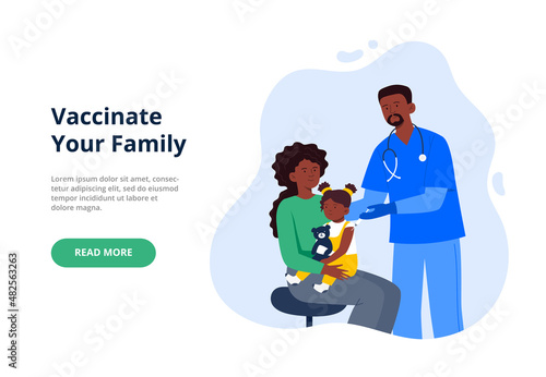 Medical worker injecting vaccine to a mother and child. Diseases prevention concept. Process of immunization against coronavirus. Flat vector illustration for a banner, landing page.