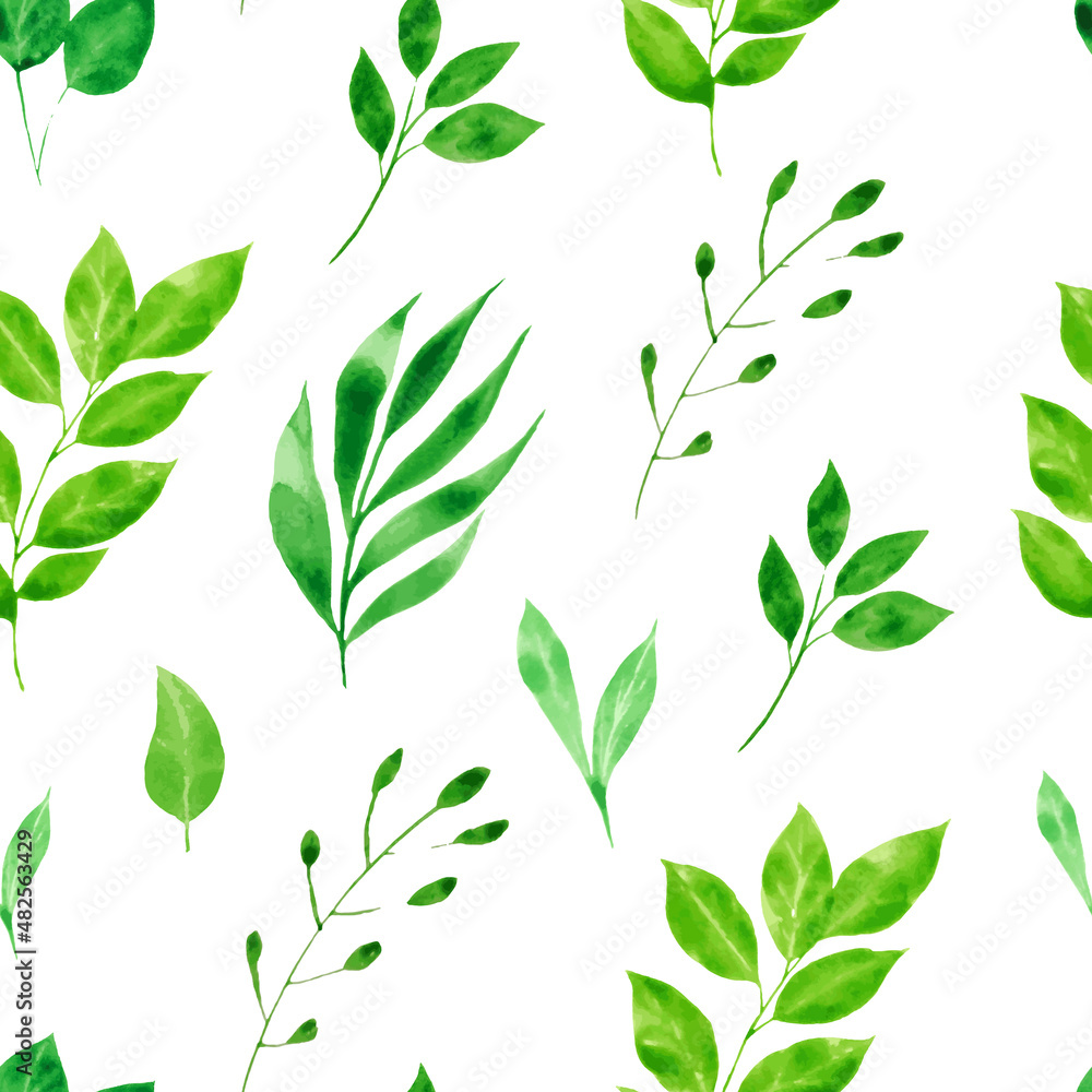 Watercolor greenery. Seamless pattern with Green leaves and branch on white Watercolor greenery. Seamless pattern with Green leaves and branch on white