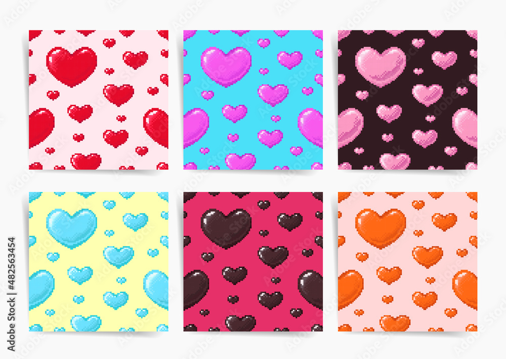 Pixel art hearts seamless patterns. Saint Valentine Day backgrounds set for geeks and gamers. 8 bit hearts repeat pattern in orange, red, pink, blue and brown colors. Vector retro 90s game collection.