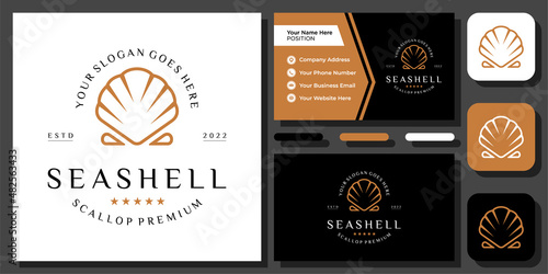 Shell Scallop Sea Ocean Seashell Mollusk Seafood Pearl Conch Oyster Vector Logo Design with Business Card