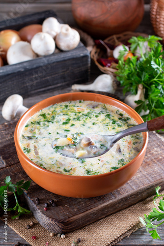 Creamy soup pureed mushrooms and slices of chicken on a table