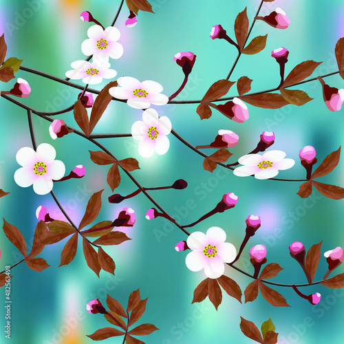 The branches of cherry flower pattern on an abstract blue background. Sakura flowers seamless texture. Vector
