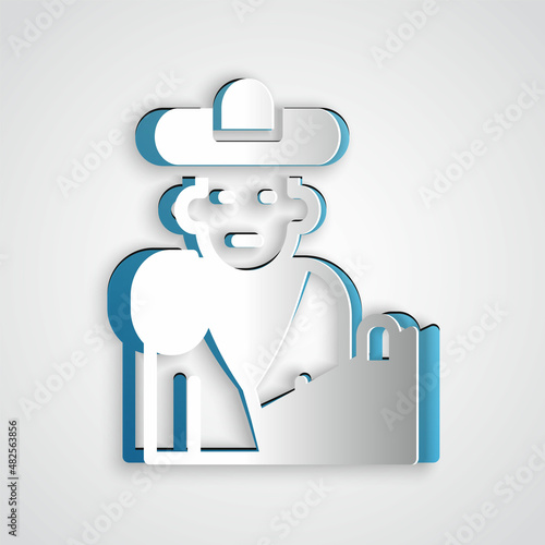 Paper cut Spain bullfight, matador icon isolated on grey background. Traditional Spanish entertainment. Paper art style. Vector
