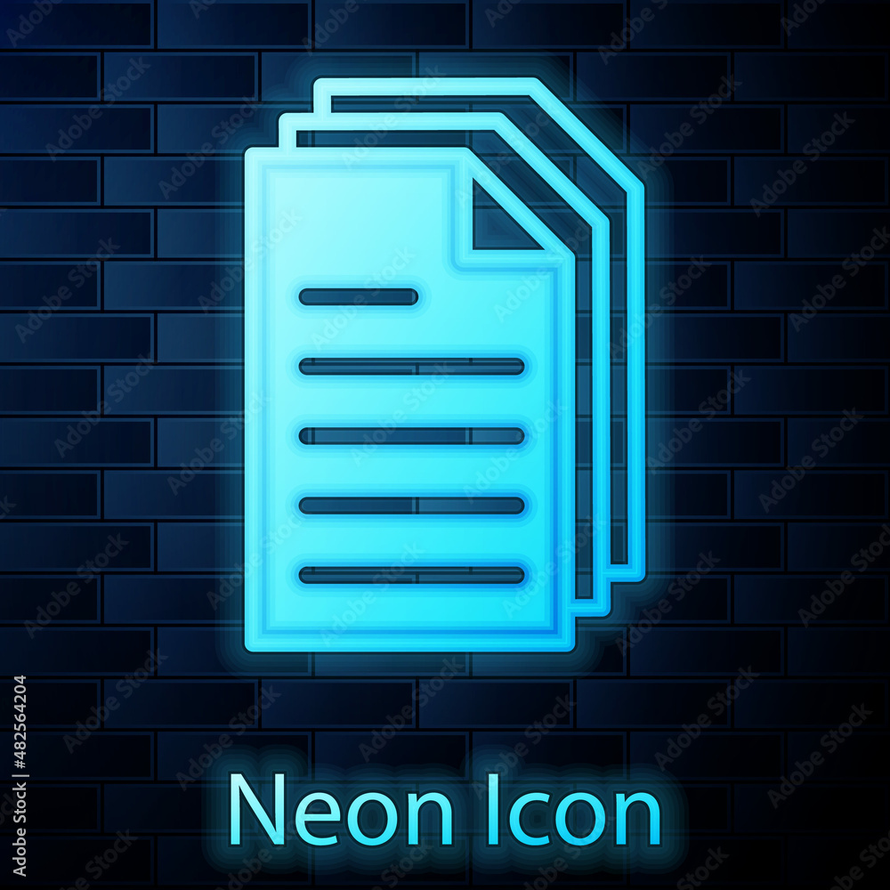 Glowing neon File document icon isolated on brick wall background. Checklist icon. Business concept. Vector Glowing neon File document icon isolated on brick wall background. Checklist icon. Business concept. Vector