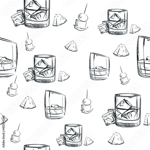 Whiskey seamless pattern. Background for print glasses with alcohol. Pub vector background