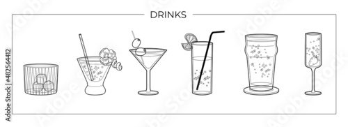 Vector set of alcohol drinks line art illustration. Vector illustration