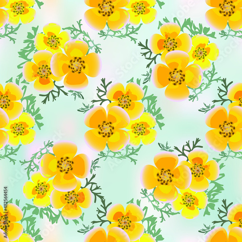 Eshsholtsiya orange flowers with leaves on blue abstract background, floral seamless texture, vector