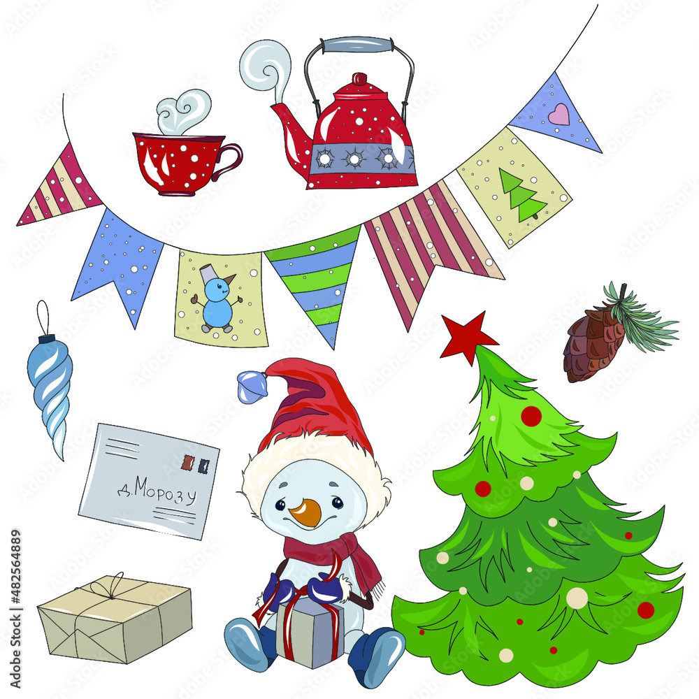 Christmas clipart with a Christmas tree, a snowman, a red polka dot teapot and a warm mug with a hot drink, a Christmas garland and a fir cone, a gift and a letter, and a Christmas tree toy. cute new 