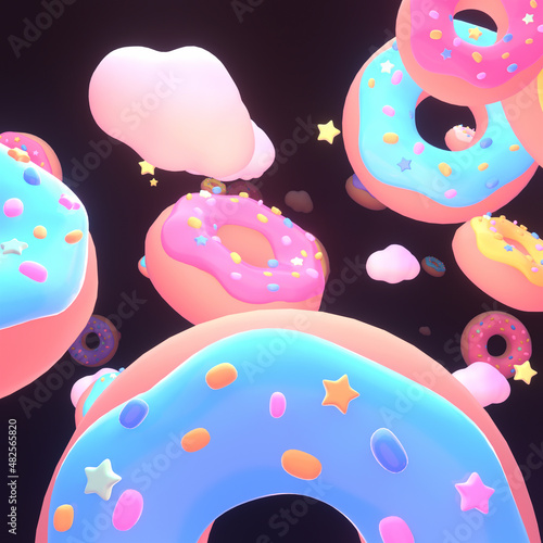 3d rendered colorful doughnuts in the night sky.