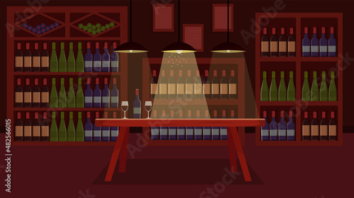 Wine cellar with alcohol cabinets. Wine shop. Wine bottle with glasses on a wooden table. Sommelier party