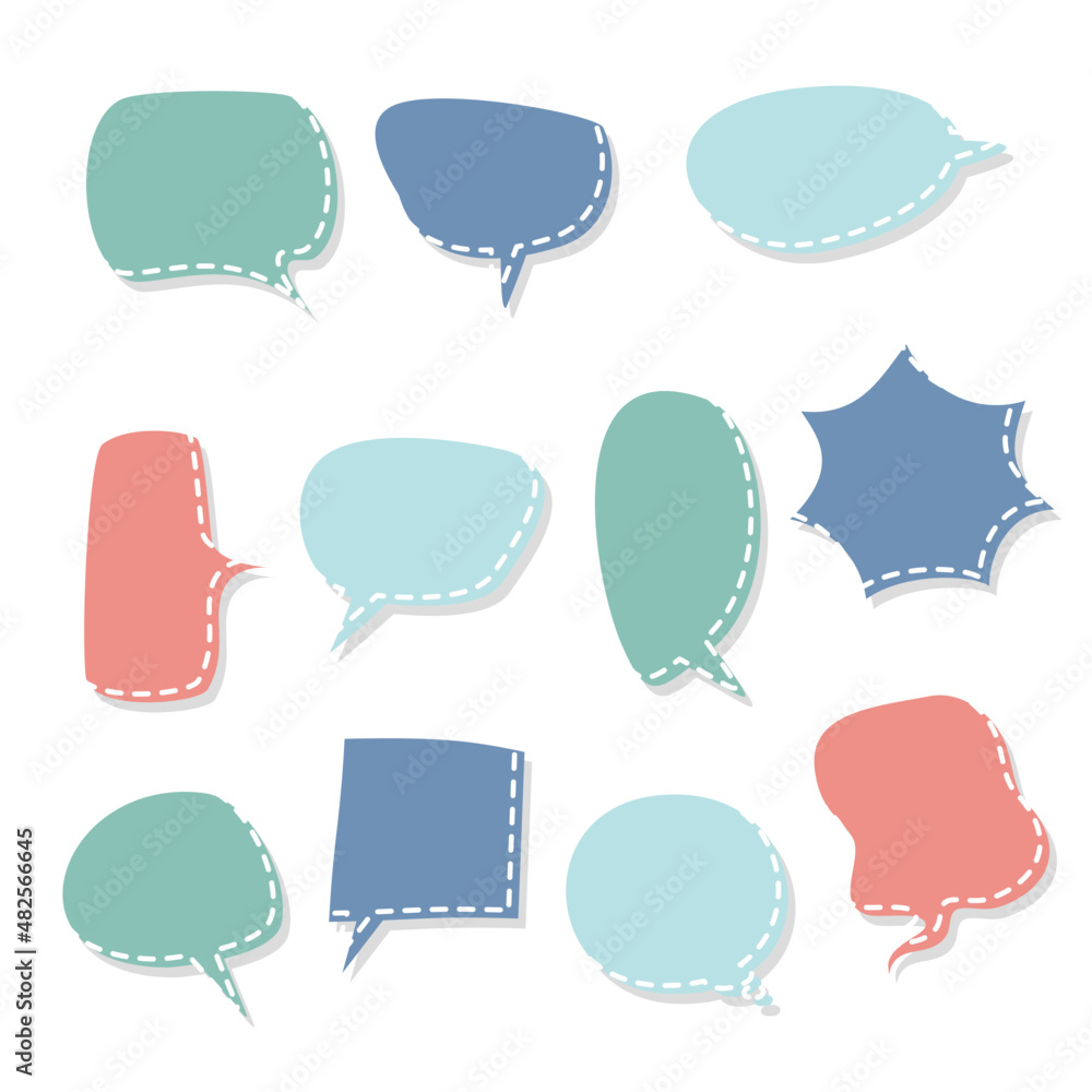 collection set of blank pastel color hand drawing dashed line speech bubble balloon, think speak talk text box, banner, flat vector illustration design