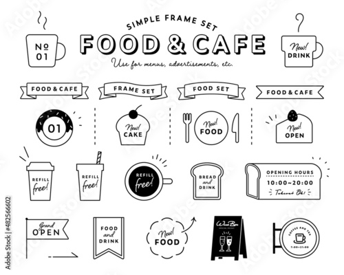 カフェのフレームセット　コーヒー　飾り　装飾　リボン　枠　あしらい　マグカップ　テイクアウト　看板