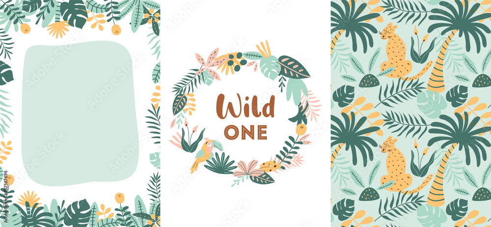 Fototapeta Jungle party cards set. Wild party invitation template. Wild birthday banners collection. Tropical birthday party invite. Jungle leaves, leopard. Summer vector illustration.