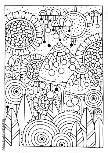 Coloring page with large flower and buds. Vector black and white background for coloring. Art therapy. Art line.