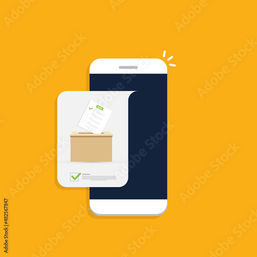 Mobile phone with voting ballot in ballot box. Voting online, e-voting, election internet system. Flat design. Vector illustration