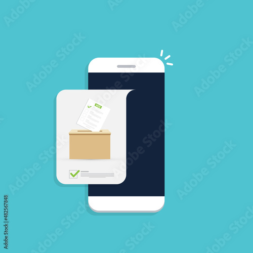 Mobile phone with voting ballot in ballot box. Voting online, e-voting, election internet system. Flat design. Vector illustration