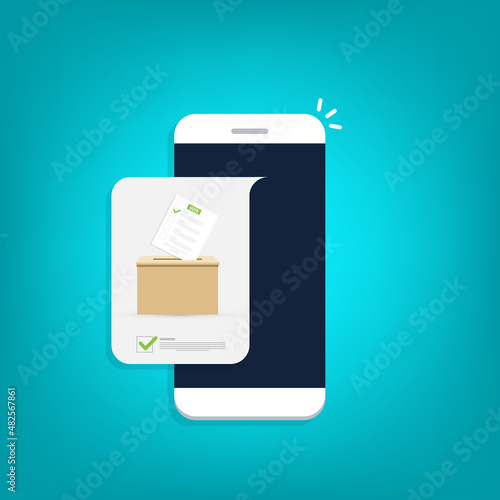 Mobile phone with voting ballot in ballot box. Voting online, e-voting, election internet system. Flat design. Vector illustration