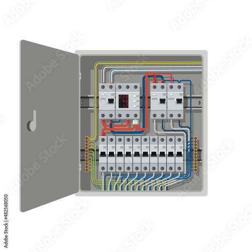 Electrical circuit breakers are installed in the electrical control panel. Wires are connected to residual current circuit breakers and voltage monitoring relay.