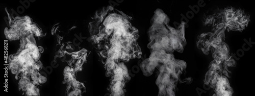 Set of five figured smoke on a dark background. Abstract background, design element, for overlay on pictures