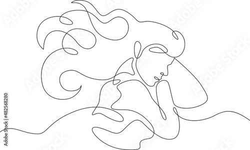 One continuous line.A woman sleeps under a blanket. The girl fell asleep on the pillow. Female character is napping in bed.Continuous line drawing.Lineart isolated white background.