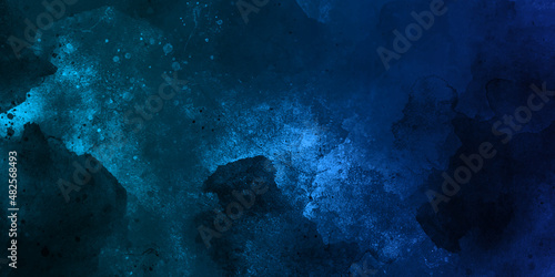 Dark glowing blue neon watercolor on black paper illustration, creative deep dark glowing blue neon watercolor on black paper illustration. Lightning night sky and thunder background