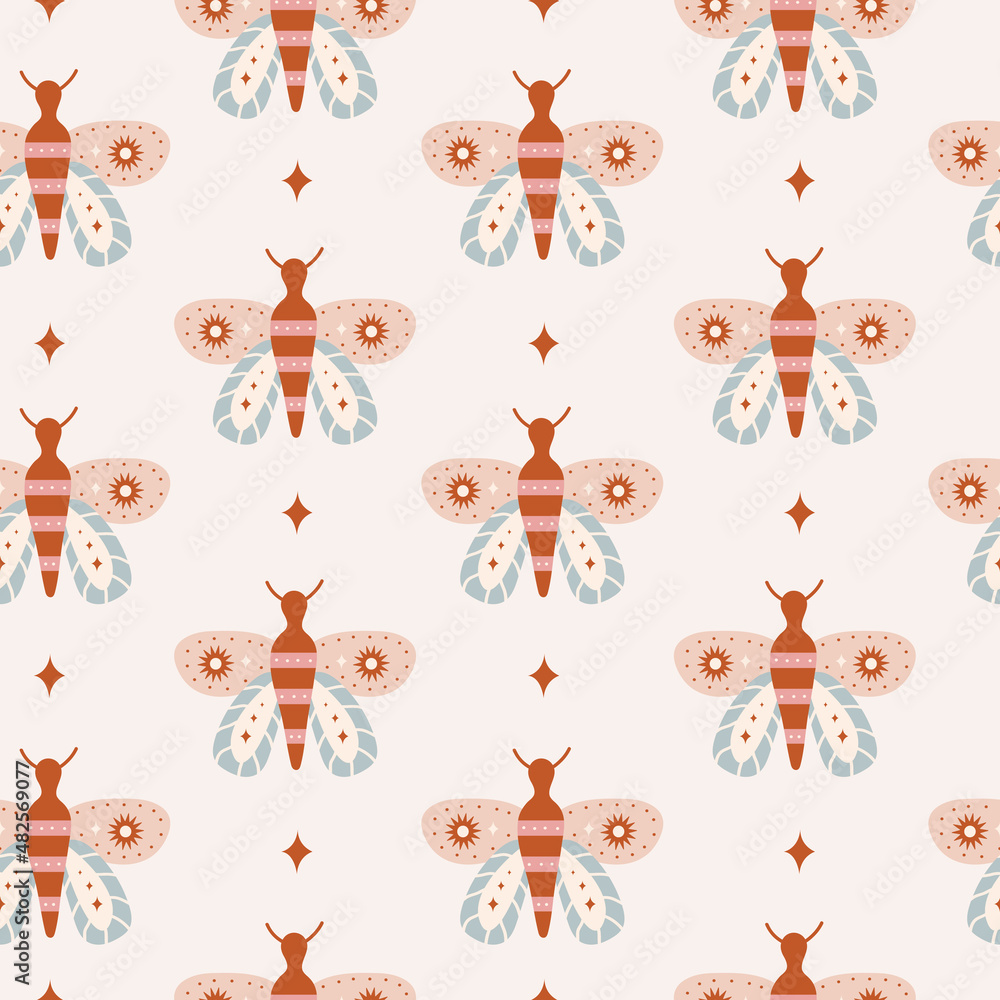Obraz premium Vector seamless pattern with butterfly on pastel background. Cute minimal bogemian print . Trendy hand drawn illustration