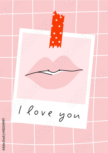 Photo with sexy woman's pink lips. Stylish Valentine's day greeting card, poster concept in pink and red colors. Fun and cool design. Hand drawn doodle cartoon style.