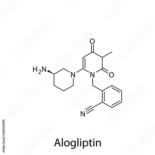 Alogliptin molecular structure, flat skeletal chemical formula. DPP4 inhibitor drug used to treat Diabetes type 2. Vector illustration.