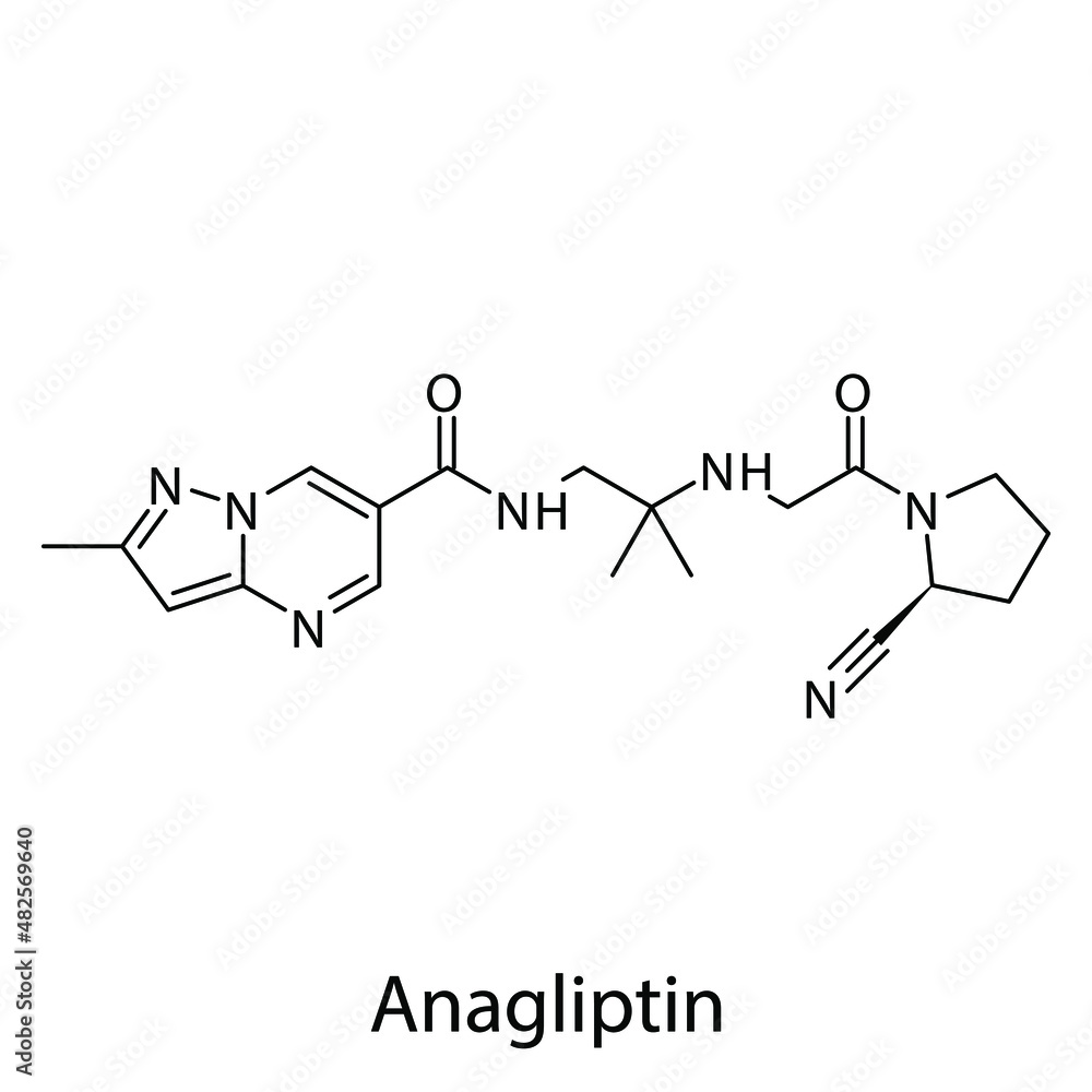Anagliptin molecular structure, flat skeletal chemical formula. DPP4 inhibitor drug used to treat Diabetes type 2. Vector illustration. Anagliptin molecular structure, flat skeletal chemical formula. DPP4 inhibitor drug used to treat Diabetes type 2. Vector illustration.