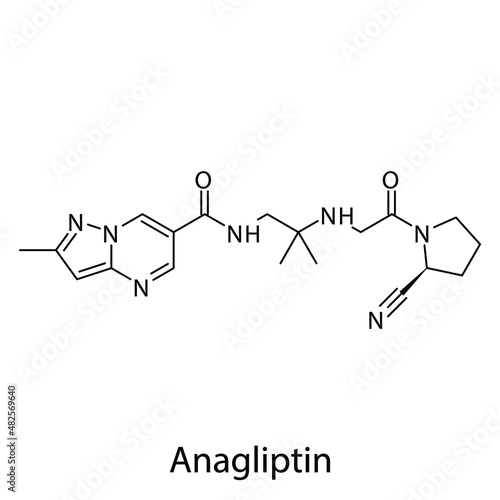 Anagliptin molecular structure, flat skeletal chemical formula. DPP4 inhibitor drug used to treat Diabetes type 2. Vector illustration.