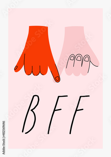 BFF best friends forever concept with hands gesture. Stylish Valentine's day greeting card, poster idea in pink and red colors. Fun and cool design. Hand drawn doodle cartoon style.