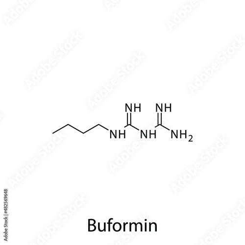 Buformin molecular structure, flat skeletal chemical formula. Biguanide drug used to treat Diabetes type 2. Vector illustration.