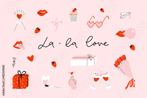 Valentine's day  holiday isolated elements collection. Red pink set of cool and fun illustration. Doodle cartoon bold style. Vector eps
