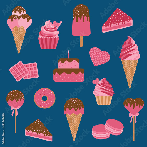 Valentines Day Set of Desserts Elements. Ice cream, Cupcake, Cheesecake, Donut, Macaroon, Cake and Waffles. Vector Illustration for Valentines Day Theme Stickers, Scrapbook, Greeting card, Menu