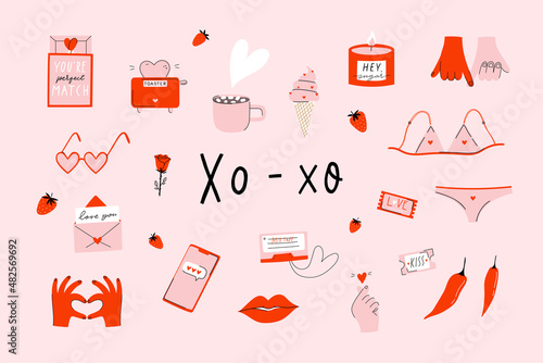 Valentine's day  holiday isolated elements collection. Red pink set of cool and fun illustration. Doodle cartoon bold style. Vector eps