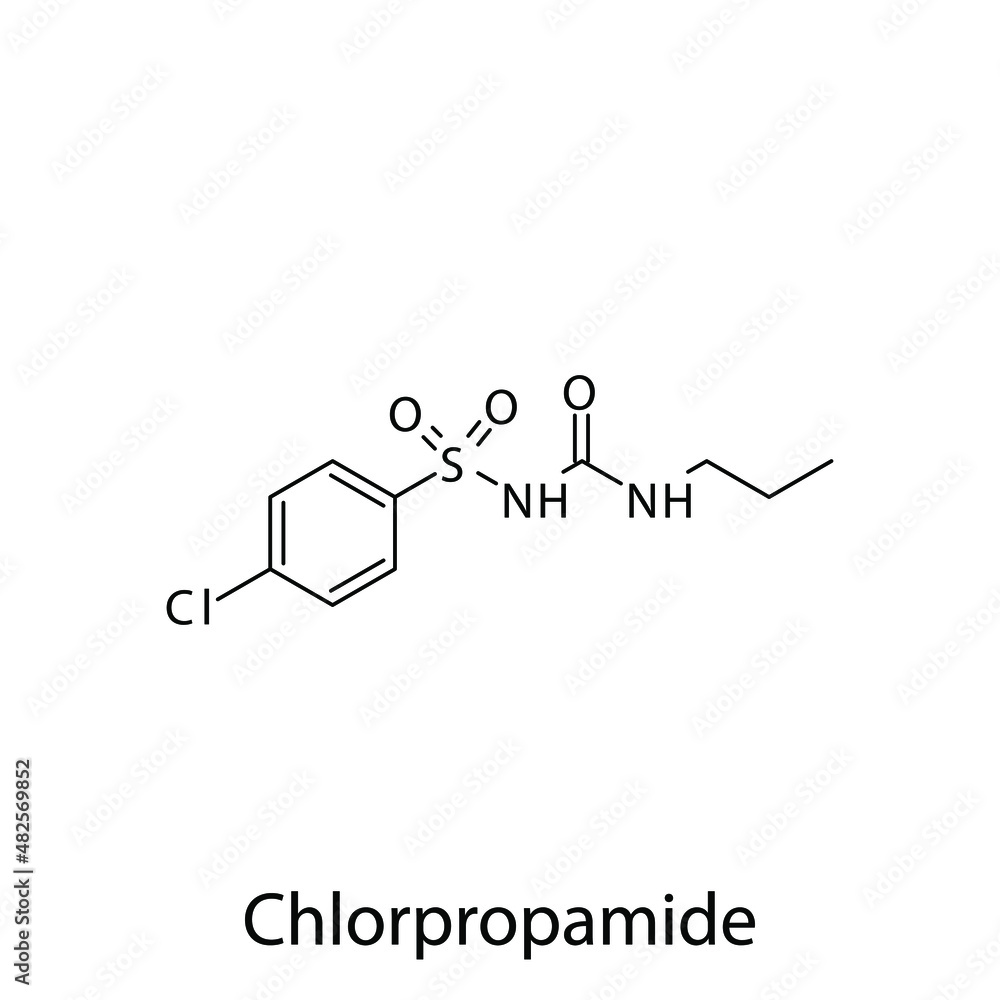 Chlorpropamide molecular structure, flat skeletal chemical formula. Sulfonylureas drug used to treat Diabetes type 2. Vector illustration. Chlorpropamide molecular structure, flat skeletal chemical formula. Sulfonylureas drug used to treat Diabetes type 2. Vector illustration.