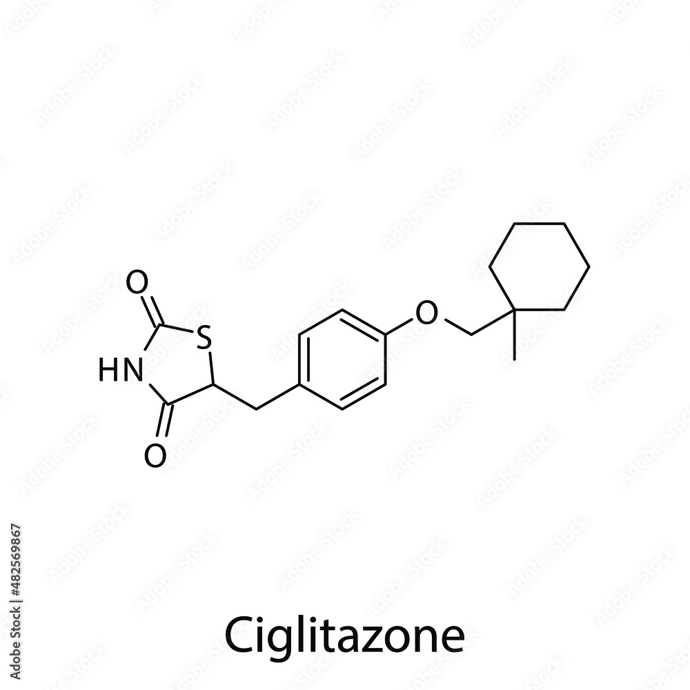 Ciglitazone molecular structure, flat skeletal chemical formula. Thiazolidinedione drug used to treat Diabetes type 2. Vector illustration.