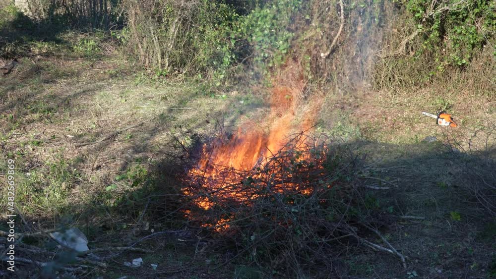 Bonfire burning wood in a fire pit during a gardening clean up session near Bar, Montenegro. Bonfire burning wood in a fire pit during a gardening clean up session near Bar, Montenegro.