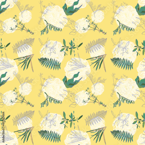 Natural seamless pattern with leaves. Green leaves on a yellow background. Outline drawing.